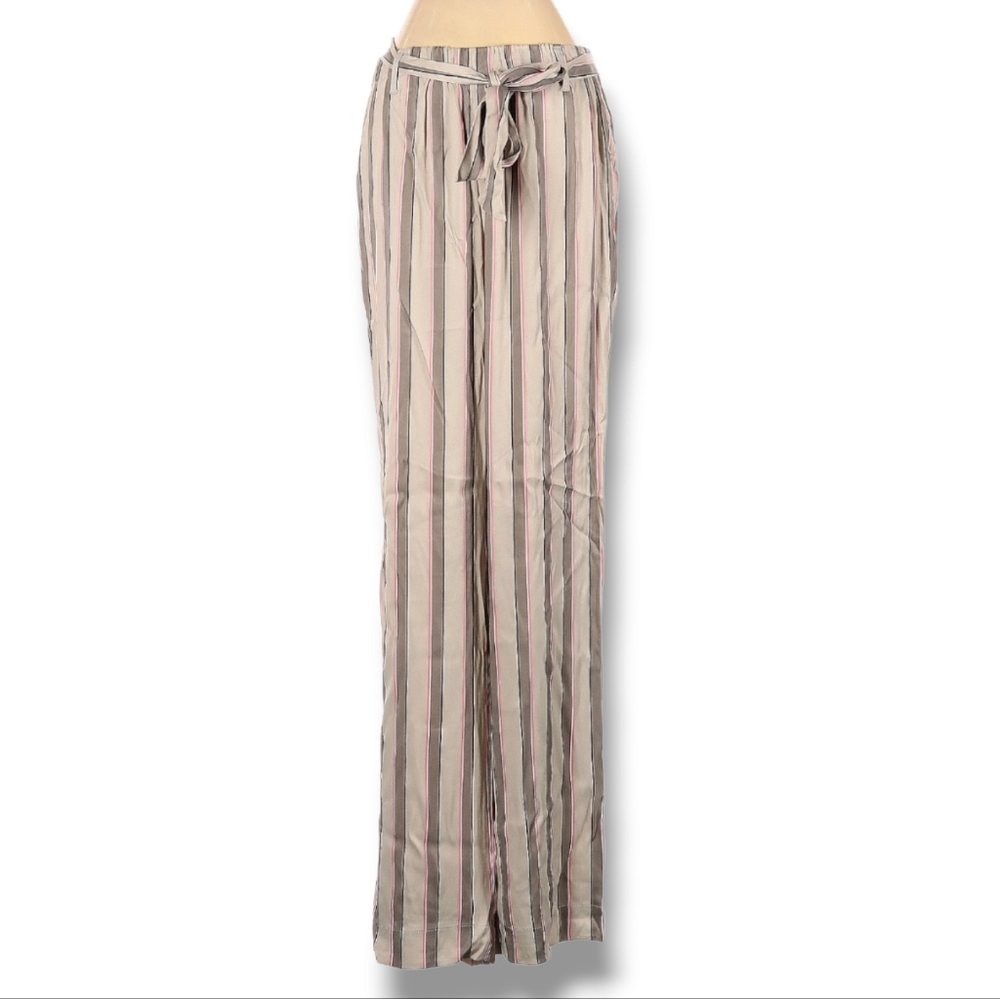 E3 by Etcetera Straight Leg Pants Size 4 Tan Gray Striped Tie‎ Waist Long Inseam